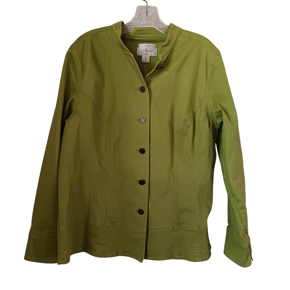 CJ Banks Women's Jacket Size X (14W) Sage Green Denim Stand Up Collar Button Up